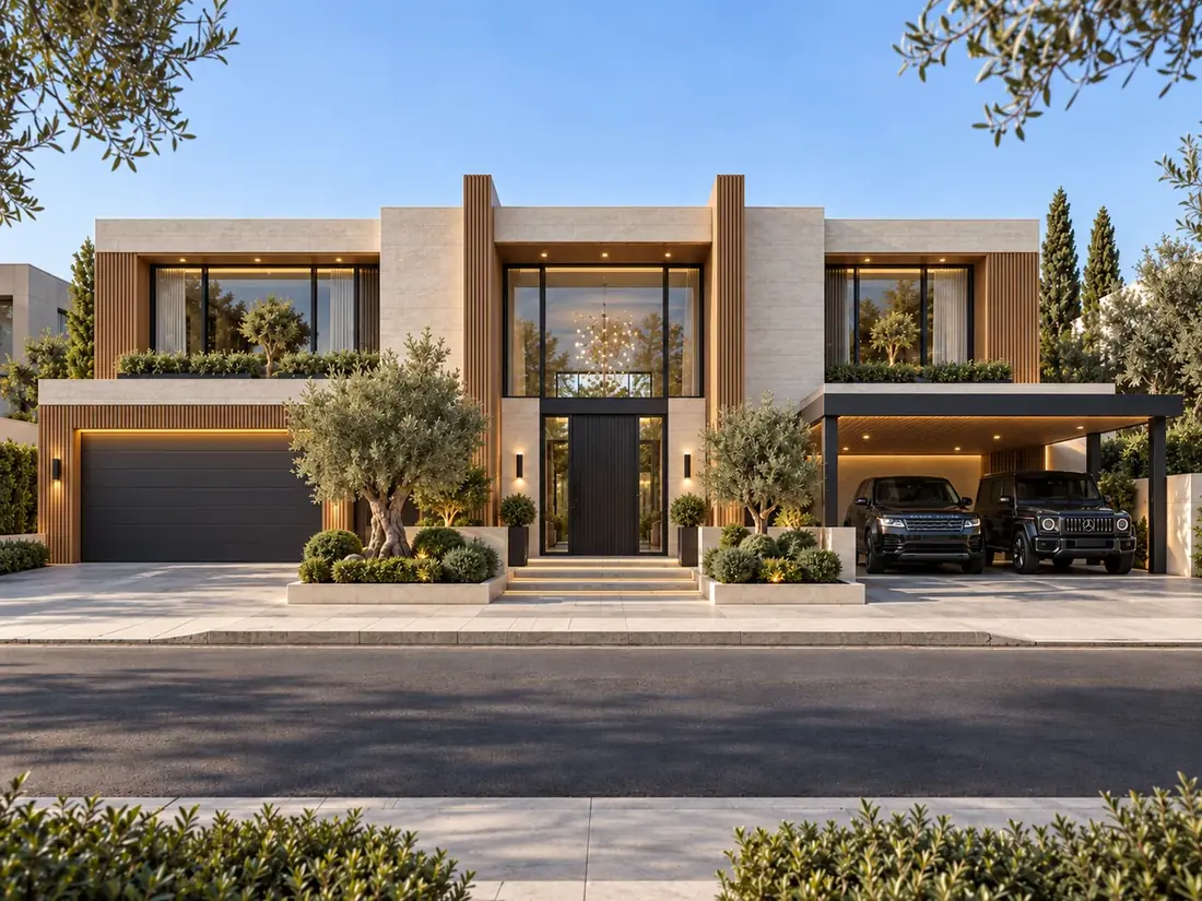 The same villa after — WPC cladding applied to the upper volumes