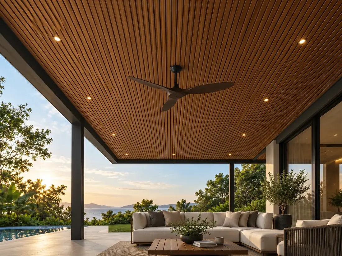 Timber-slat exterior ceiling over a terrace