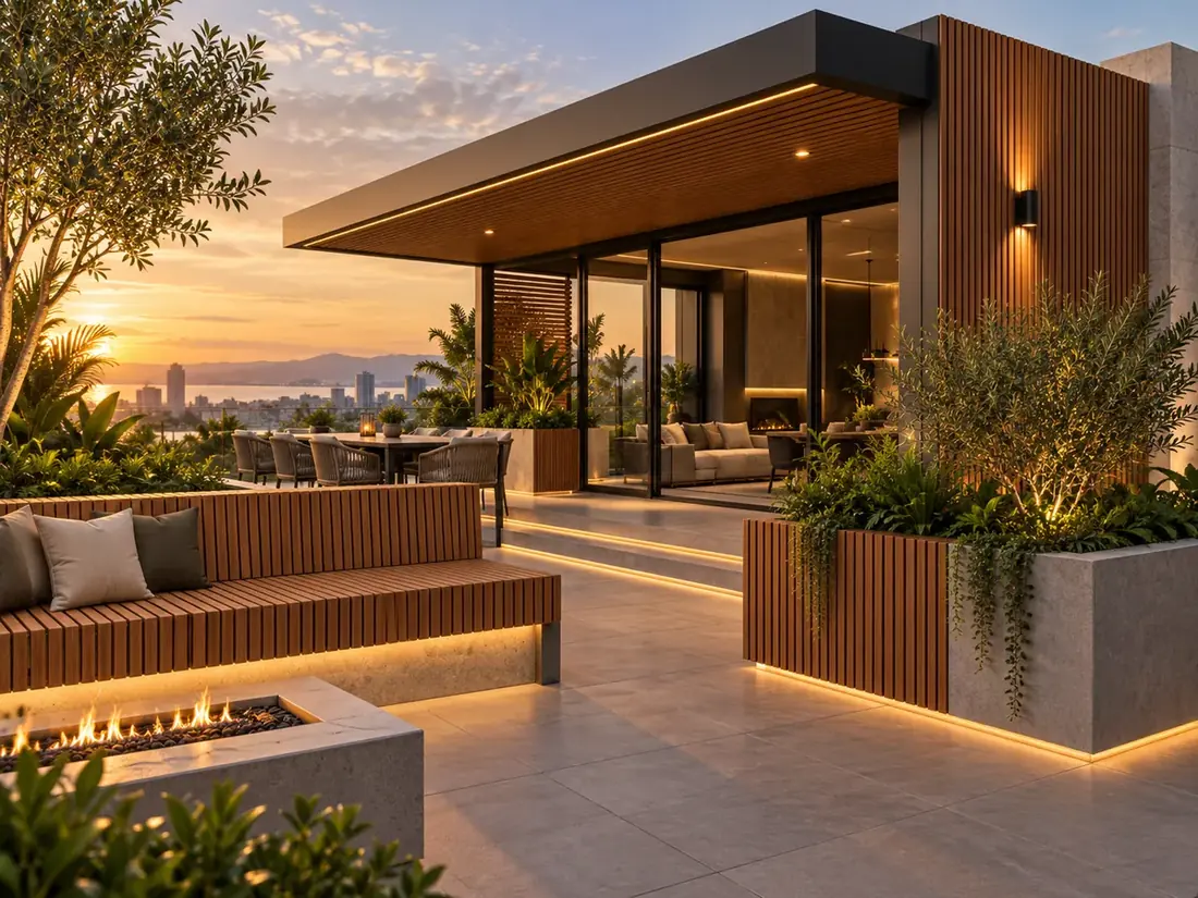Outdoor terrace structure with bench and planters