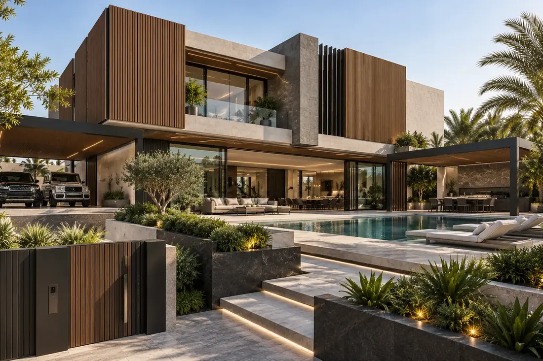 Modern villa exterior with timber-slat cladding, stone façade, pergola, glazing, pool terrace and a slatted compound gate